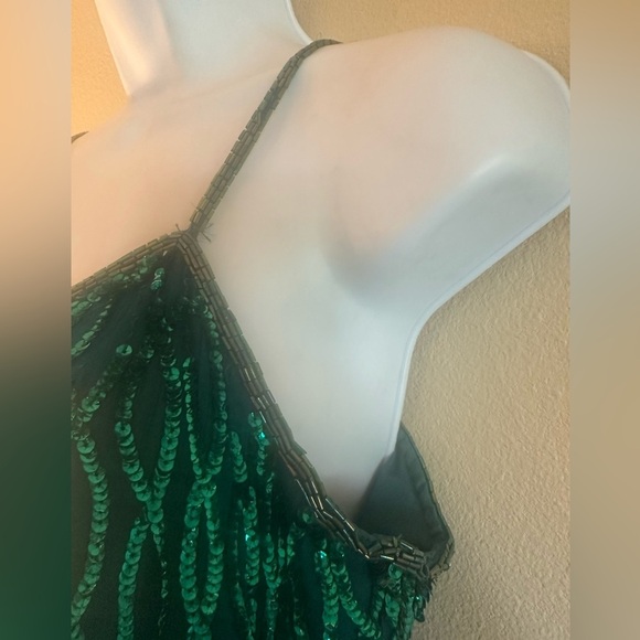 Laurence Kazar Vintage Dress Size XL Emerald Green Sequin Silk Spaghetti Straps - Picture 4 of 15
